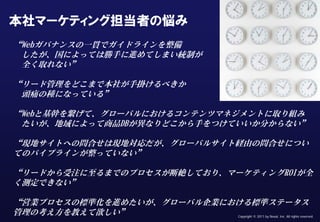 Confidential & Proprietary


  本社マーケティング担当者の悩み
     “Webガバナンスの一貫でガイドラインを整備
      したが、国によっては勝手に進めてしまい統制が
      全く取れない”

     “リード管理をどこまで本社が手掛けるべきか
      頭痛の種になっている”

     “Webと基幹を繋げて、グローバルにおけるコンテンツマネジメントに取り組み
      たいが、地域によって商品DBが異なりどこから手をつけていいか分からない”

     “現地サイトへの問合せは現地対応だが、グローバルサイト経由の問合せについ
     てのパイプラインが整っていない”

     “リードから受注に至るまでのプロセスが断絶しており、マーケティングROIが全
     く測定できない”

     “営業プロセスの標準化を進めたいが、グローバル企業における標準ステータス
     管理の考え方を教えて欲しい”
This document may contain confidential and proprietary information to Nexal, Inc.   Copyright © 2011 by Nexal, Inc. All rights reserved.
 