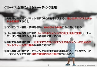 Confidential & Proprietary



     グローバル企業におけるマーケティング示唆


     ①先進国と新興国ではネット普及やPC保有率が変わる。適したデバイスとチャ
      ネルを選択すること

     ②コンテンツ（製品）情報配信先はWebサイト以外にも必要とされる

     ③リード創出から受注に至るリードマネジメントプロセスは先に定義し、ナー
      チャリング手段やシナリオは各地域に任せるべき

     ④本社では各地域に対し、カスタマエクスペリエンスマネジメントのためのプ
      ラットフォームや仕組みが必要とされる

     ⑤国土の狭い日本のマーケティング手法は世界に通用しない。インバウンドマ
      ーケティングを主流に自然と認知される仕掛けをつくること



This document may contain confidential and proprietary information to Nexal, Inc.   8   Copyright © 2011 by Nexal, Inc. All rights reserved.
 