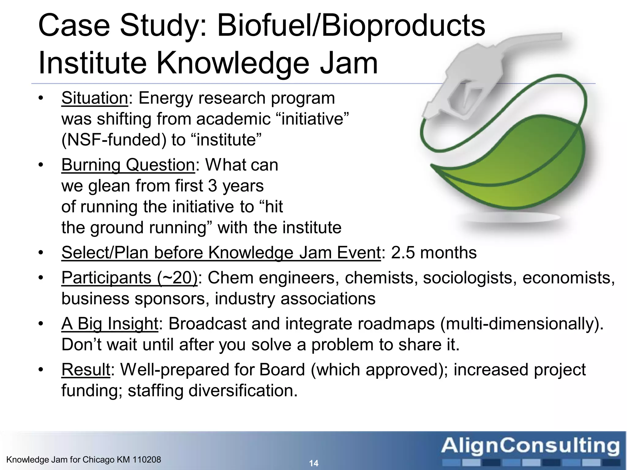 Case Study: Biofuel/Bioproducts
       Institute Knowledge Jam
       •    Situation: Energy research program
            was shifting from academic ―initiative‖
            (NSF-funded) to ―institute‖
       •    Burning Question: What can
            we glean from first 3 years
            of running the initiative to ―hit
            the ground running‖ with the institute
       •    Select/Plan before Knowledge Jam Event: 2.5 months
       •    Participants (~20): Chem engineers, chemists, sociologists, economists,
            business sponsors, industry associations
       •    A Big Insight: Broadcast and integrate roadmaps (multi-dimensionally).
            Don’t wait until after you solve a problem to share it.
       •    Result: Well-prepared for Board (which approved); increased project
            funding; staffing diversification.


Knowledge Jam for Chicago KM 110208        14
 