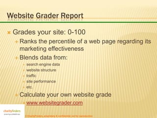 Website Grader Report

   Grades your site: 0-100
     Ranks the percentile of a web page regarding its
      marketing effectiveness
     Blends data from:
           search engine data
           website structure
           traffic
           site performance
           etc.

     Calculate                 your own website grade
        www.websitegrader.com


           © CharityFinders, proprietary & confidential, not for reproduction
 