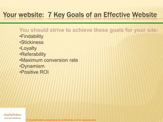 Your website: 7 Key Goals of an Effective Website

     You should strive to achieve these goals for your site:
     •Findability
     •Stickiness
     •Loyalty
     •Referability
     •Maximum conversion rate
     •Dynamism
     •Positive ROI




       © CharityFinders, proprietary & confidential, not for reproduction
 