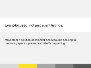 Event-focused, not just event listings.



Move from a solution of calendar and resource booking to
promoting spaces, places, and what’s happening.
 