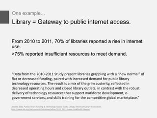 One example…
Library = Gateway to public internet access.


From 2010 to 2011, 70% of libraries reported a rise in internet
use.
>75% reported insufficient resources to meet demand.



“Data from the 2010-2011 Study present libraries grappling with a “new normal” of
flat or decreased funding, paired with increased demand for public library
technology resources. The result is a mix of the grim austerity, reflected in
decreased operating hours and closed library outlets, in contrast with the robust
delivery of technology resources that support workforce development, e-
government services, and skills training for the competitive global marketplace.”

2010 to 2011 Public Library Funding & Technology Access Study. (2011). American Library Association.
http://www.ala.org/ala/research/initiatives/plftas/2010_2011/index.cfm#final%20report
 