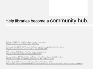 Help libraries become a community                                                                           hub.


Blyberg, J. (2010). The Third Place. Darien Library. Presentation.
http://www.slideshare.net/jblyberg/the-third-place

Dreman, S. (Mar. 2009). The ‘library of the future’ begins to emerge. Palo Alto Online News.
http://www.paloaltoonline.com/news/show_story.php?id=11573

Miller, R. (Aug. 2008). Future-Proof Your Library. Library Journal.
http://www.libraryjournal.com/article/CA6585850.html

Scheppke, J. (Aug. 2011). Public Libraries That are Future Ready. Oregon State Library. SLA.
http://futureready365.sla.org/08/24/public-libraries-that-are-future-ready/

Sutter, J. (Sep. 2009). The future of libraries, with or without books. CNN.
http://articles.cnn.com/2009-09-04/tech/future.library.technology_1_metropolitan-library-librarians-books?_s=PM:TECH
 
