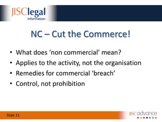 CC Licences ElementsBY – the attribution elementNC – the non-commercial qualificationND – the non-derivative qualificationSA – the ShareAlike qualification