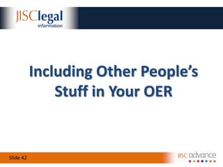Some Scenarios for DiscussionJISC Legal originally licensed its materials under a short, bespoke licence, allowing liberal use in the education context, but restricting commercial use and requiring permission for adaptation.  It’s now moved to a CC BY licence.  What were we thinking?!
