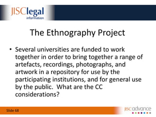 OER Without (Legal) TearsCopyright isn’t going to change much – live with that, and accept the legal realityBe mindful of tensions and sensitivities – CC involves giving something away, foreverAvoid of complex licensing – it’s easy for things to get out of hand.  “Link and split”!