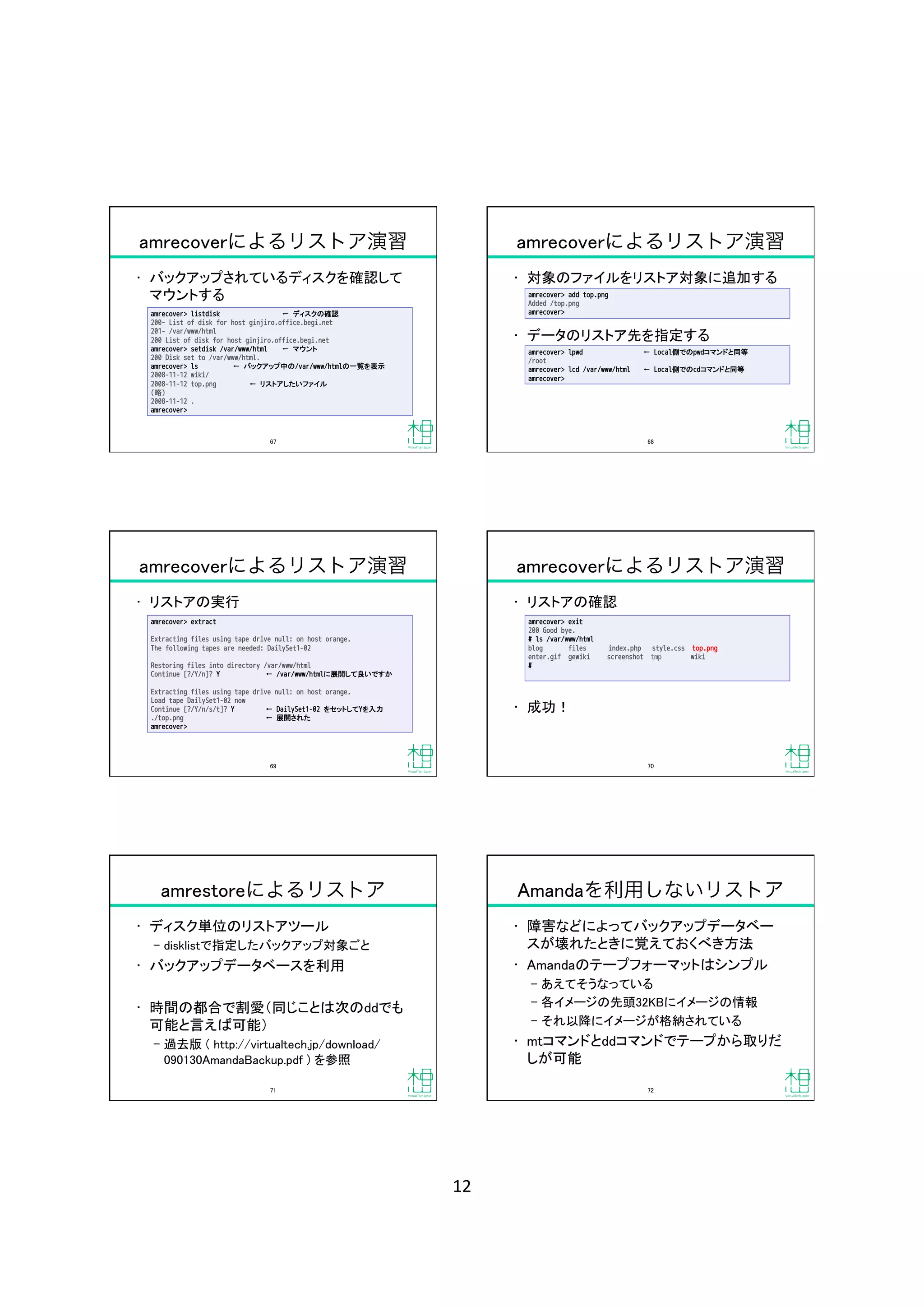 12	
amrecoverによるリストア演習
•  バックアップされているディスクを確認して 
マウントする	
amrecover> listdisk 
 
 
 
← ディスクの確認
200- List of disk for host ginjiro.office.begi.net
201- /var/www/html
200 List of disk for host ginjiro.office.begi.net
amrecover> setdisk /var/www/html 
← マウント
200 Disk set to /var/www/html.
amrecover> ls
 
 
← バックアップ中の/var/www/htmlの一覧を表示
2008-11-12 wiki/
2008-11-12 top.png 
 
← リストアしたいファイル
(略)
2008-11-12 .
amrecover>
67	
amrecoverによるリストア演習
•  対象のファイルをリストア対象に追加する	
•  データのリストア先を指定する	
amrecover> add top.png
Added /top.png
amrecover>
amrecover> lpwd 
 
 
 
← Local側でのpwdコマンドと同等
/root
amrecover> lcd /var/www/html 
← Local側でのcdコマンドと同等
amrecover>
68	
amrecoverによるリストア演習
•  リストアの実行	
amrecover> extract
Extracting files using tape drive null: on host orange.
The following tapes are needed: DailySet1-02
Restoring files into directory /var/www/html
Continue [?/Y/n]? Y 
 
 
← /var/www/htmlに展開して良いですか
Extracting files using tape drive null: on host orange.
Load tape DailySet1-02 now
Continue [?/Y/n/s/t]? Y 
 
← DailySet1-02 をセットしてYを入力
./top.png 
 
 
 
 
← 展開された
amrecover>
69	
amrecoverによるリストア演習
•  リストアの確認	
•  成功！	
amrecover> exit
200 Good bye.
# ls /var/www/html
blog files index.php style.css top.png
enter.gif gewiki    screenshot tmp wiki
#
70	
amrestoreによるリストア
•  ディスク単位のリストアツール	
‒  disklistで指定したバックアップ対象ごと	
•  バックアップデータベースを利用	
•  時間の都合で割愛（同じことは次のddでも
可能と言えば可能）	
‒  過去版 ( http://virtualtech.jp/download/
090130AmandaBackup.pdf ) を参照	
71	
Amandaを利用しないリストア
•  障害などによってバックアップデータベー
スが壊れたときに覚えておくべき方法	
•  Amandaのテープフォーマットはシンプル	
‒  あえてそうなっている	
‒  各イメージの先頭32KBにイメージの情報	
‒  それ以降にイメージが格納されている	
•  mtコマンドとddコマンドでテープから取りだ
しが可能	
72	
 