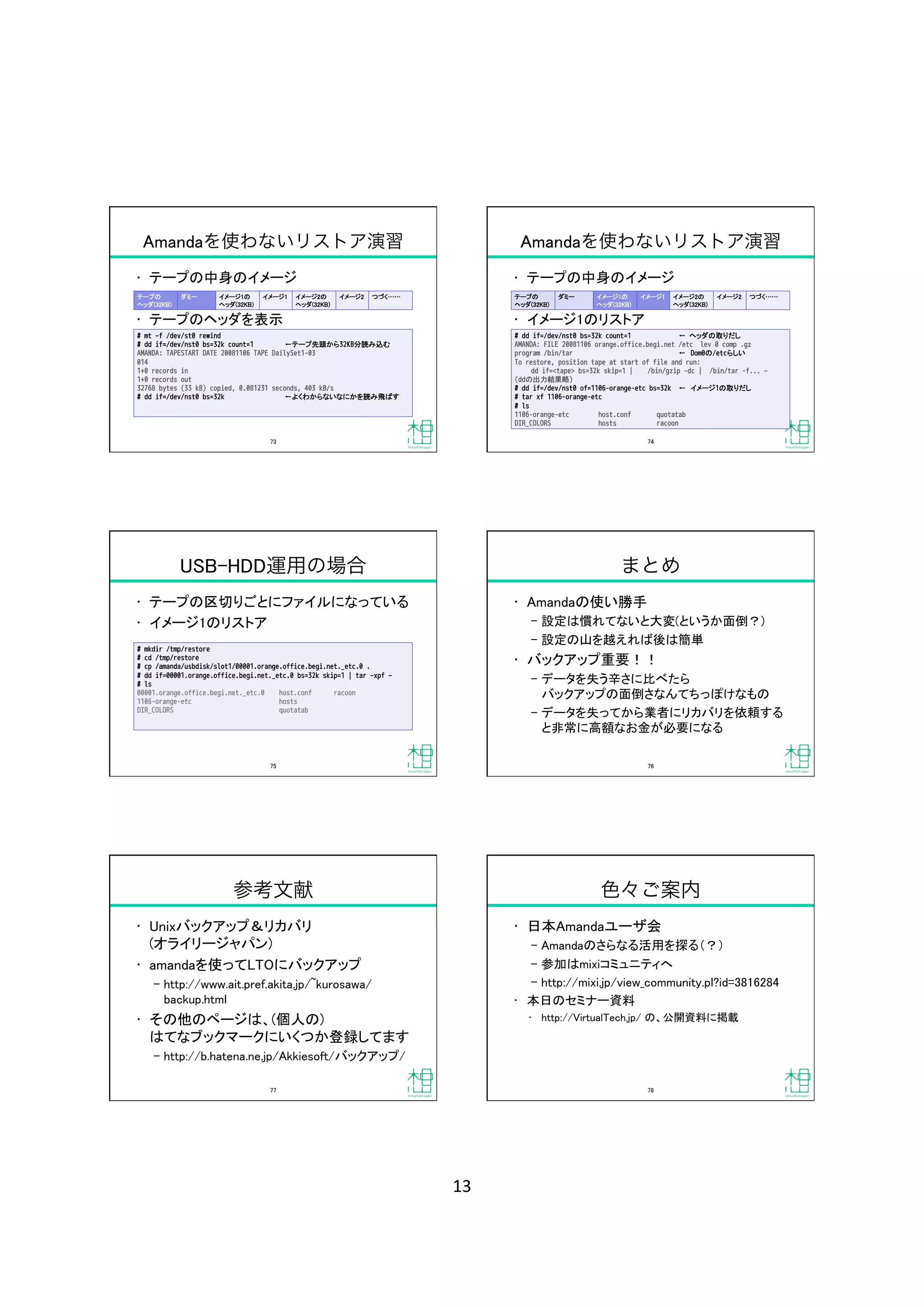 13	
Amandaを使わないリストア演習
•  テープの中身のイメージ	
•  テープのヘッダを表示	
# mt ‒f /dev/st0 rewind
# dd if=/dev/nst0 bs=32k count=1 
 
←テープ先頭から32KB分読み込む
AMANDA: TAPESTART DATE 20081106 TAPE DailySet1-03
014
1+0 records in
1+0 records out
32768 bytes (33 kB) copied, 0.081231 seconds, 403 kB/s
# dd if=/dev/nst0 bs=32k 
 
 
 
←よくわからないなにかを読み飛ばす
テープの	
ヘッダ(32KB)	
ダミー	
 イメージ1の
ヘッダ(32KB)	
イメージ1	
 イメージ2の
ヘッダ(32KB)	
イメージ2	
 つづく 	
73	
Amandaを使わないリストア演習
•  テープの中身のイメージ	
•  イメージ1のリストア	
# dd if=/dev/nst0 bs=32k count=1 
 
 
← ヘッダの取りだし
AMANDA: FILE 20081106 orange.office.begi.net /etc lev 0 comp .gz
program /bin/tar 
 
 
 
 
 
 
← Dom0の/etcらしい
To restore, position tape at start of file and run:

dd if=<tape> bs=32k skip=1 | /bin/gzip -dc | /bin/tar -f... ‒
(ddの出力結果略)
# dd if=/dev/nst0 of=1106-orange-etc bs=32k 
← イメージ1の取りだし
# tar xf 1106-orange-etc
# ls
1106-orange-etc host.conf quotatab
DIR_COLORS hosts racoon
テープの	
ヘッダ(32KB)	
ダミー	
 イメージ1の
ヘッダ(32KB)	
イメージ1	
 イメージ2の
ヘッダ(32KB)	
イメージ2	
 つづく 	
74	
USB-HDD運用の場合
•  テープの区切りごとにファイルになっている	
•  イメージ1のリストア	
# mkdir /tmp/restore
# cd /tmp/restore
# cp /amanda/usbdisk/slot1/00001.orange.office.begi.net._etc.0 . 
# dd if=00001.orange.office.begi.net._etc.0 bs=32k skip=1 | tar ‒xpf ‒
# ls
00001.orange.office.begi.net._etc.0 host.conf racoon
1106-orange-etc hosts
DIR_COLORS quotatab
75	
まとめ
•  Amandaの使い勝手	
‒  設定は慣れてないと大変(というか面倒？)	
‒  設定の山を越えれば後は簡単	
•  バックアップ重要！！	
‒  データを失う辛さに比べたら 
バックアップの面倒さなんてちっぽけなもの	
‒  データを失ってから業者にリカバリを依頼する
と非常に高額なお金が必要になる	
76	
参考文献
•  Unixバックアップ＆リカバリ 
(オライリージャパン)	
•  amandaを使ってLTOにバックアップ	
‒  http://www.ait.pref.akita.jp/~kurosawa/
backup.html	
•  その他のページは、(個人の) 
はてなブックマークにいくつか登録してます	
‒  http://b.hatena.ne.jp/Akkiesoft/バックアップ/	
77	
色々ご案内
•  日本Amandaユーザ会	
‒  Amandaのさらなる活用を探る（？）	
‒  参加はmixiコミュニティへ	
‒  http://mixi.jp/view_community.pl?id=3816284	
•  本日のセミナー資料	
•  http://VirtualTech.jp/ の、公開資料に掲載	
78	
 