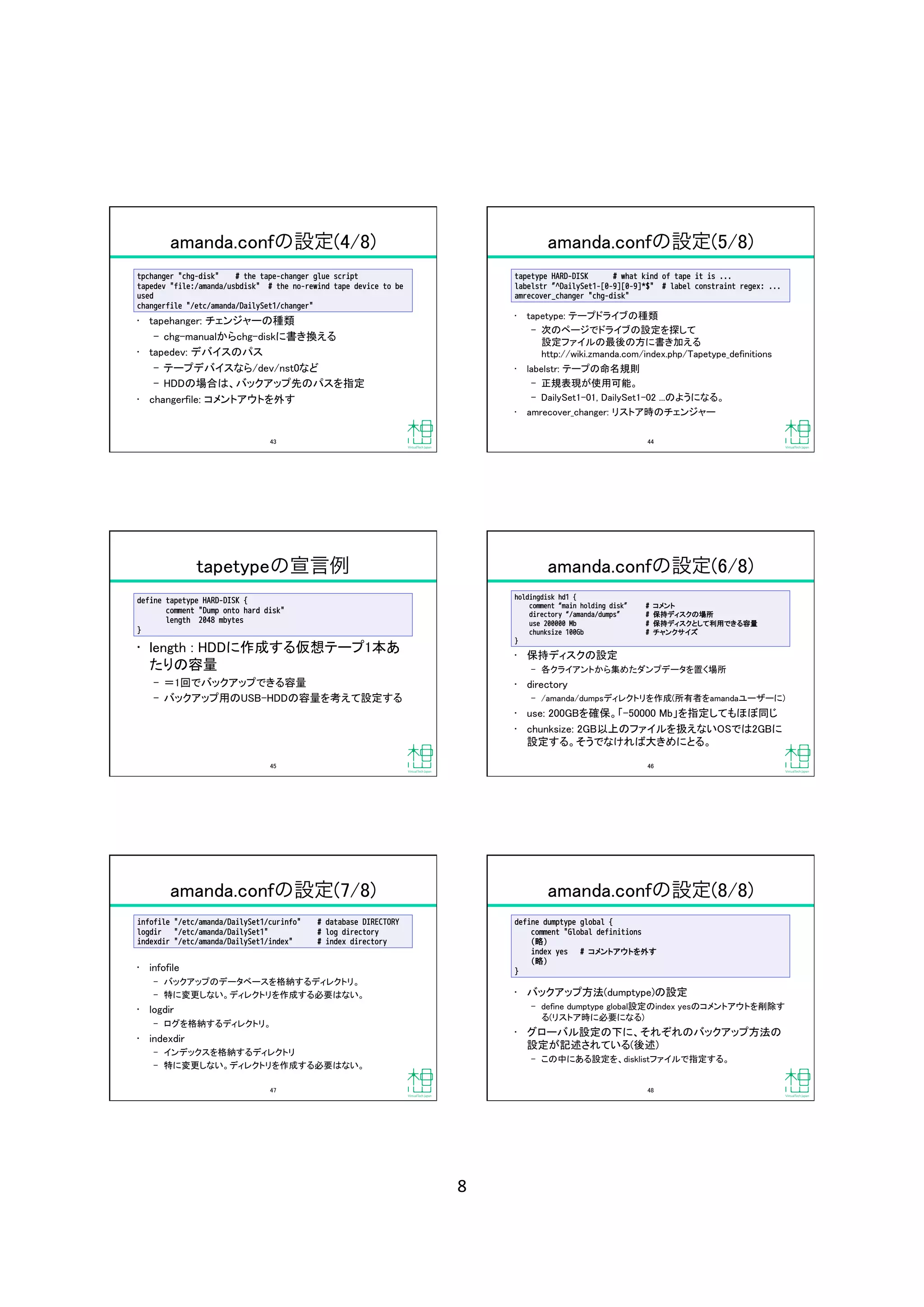8	
amanda.confの設定(4/8)
•  tapehanger: チェンジャーの種類	
‒  chg-manualからchg-diskに書き換える	
•  tapedev: デバイスのパス	
‒  テープデバイスなら/dev/nst0など	
‒  HDDの場合は、バックアップ先のパスを指定	
•  changerfile: コメントアウトを外す	
tpchanger "chg-disk" # the tape-changer glue script
tapedev "file:/amanda/usbdisk" # the no-rewind tape device to be
used
changerfile "/etc/amanda/DailySet1/changer"	
43	
amanda.confの設定(5/8)
•  tapetype: テープドライブの種類	
‒  次のページでドライブの設定を探して 
設定ファイルの最後の方に書き加える 
http://wiki.zmanda.com/index.php/Tapetype_definitions	
•  labelstr: テープの命名規則	
‒  正規表現が使用可能。	
‒  DailySet1-01, DailySet1-02 ...のようになる。	
•  amrecover_changer: リストア時のチェンジャー	
tapetype HARD-DISK 

 

# what kind of tape it is ...
labelstr ^DailySet1-[0-9][0-9]*$" 
# label constraint regex: ...
amrecover_changer "chg-disk"	
44	
tapetypeの宣言例
•  length : HDDに作成する仮想テープ1本あ
たりの容量	
‒  ＝1回でバックアップできる容量	
‒  バックアップ用のUSB-HDDの容量を考えて設定する	
define tapetype HARD-DISK {
comment "Dump onto hard disk"
length 2048 mbytes
}	
45	
amanda.confの設定(6/8)
•  保持ディスクの設定	
‒  各クライアントから集めたダンプデータを置く場所	
•  directory	
‒  /amanda/dumpsディレクトリを作成(所有者をamandaユーザーに)	
•  use: 200GBを確保。「-50000 Mb」を指定してもほぼ同じ	
•  chunksize: 2GB以上のファイルを扱えないOSでは2GBに
設定する。そうでなければ大きめにとる。	
holdingdisk hd1 {
comment main holding disk 
 
# コメント
directory /amanda/dumps 
 
# 保持ディスクの場所
use 200000 Mb 

 
 
 
 
# 保持ディスクとして利用できる容量
chunksize 100Gb 
 
 
 
# チャンクサイズ
}	
46	
amanda.confの設定(7/8)
•  infofile	
‒  バックアップのデータベースを格納するディレクトリ。	
‒  特に変更しない。ディレクトリを作成する必要はない。	
•  logdir	
‒  ログを格納するディレクトリ。	
•  indexdir	
‒  インデックスを格納するディレクトリ	
‒  特に変更しない。ディレクトリを作成する必要はない。	
infofile "/etc/amanda/DailySet1/curinfo" 
# database DIRECTORY
logdir "/etc/amanda/DailySet1" 
 

 
# log directory
indexdir "/etc/amanda/DailySet1/index" 
 
# index directory	
47	
amanda.confの設定(8/8)
•  バックアップ方法(dumptype)の設定	
‒  define dumptype global設定のindex yesのコメントアウトを削除す
る(リストア時に必要になる)	
•  グローバル設定の下に、それぞれのバックアップ方法の
設定が記述されている(後述)	
‒  この中にある設定を、disklistファイルで指定する。	
define dumptype global {
comment "Global definitions

(略)

index yes # コメントアウトを外す

(略)
}	
48	
 