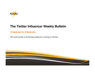 The Twitter Influencer Weekly Bulletin
12 September to 18 September

The week's guide to technology influencer activity on Twitter
 