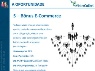 A OPORTUNIDADE

5 – Bônus E-Commerce
Todas as vezes em que um associado
que faz parte de sua comunidade direta
até a 10º geração, efetuar uma
compra, você estará recebendo um
bônus, seguindo a seguinte
porcentagem:

Suas compras: 70%

Sua 1º geração: 15%

Da 2º à 5º geração: 2,5% (em cada)

Da 6º à 10º geração: 1% (em cada)
Veja a seguir uma pequena simulação
 