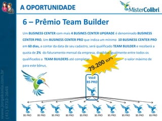 A OPORTUNIDADE

6 – Prêmio Team Builder
Um BUSINESS CENTER com mais 4 BUSINES CENTER UPGRADE é denominado BUSINESS
CENTER PRO. Um BUSINESS CENTER PRO que indica um mínimo 10 BUSINESS CENTER PRO
em 60 dias, a contar da data de seu cadastro, será qualificado TEAM BUILDER e receberá a
quota de 2% do faturamento mensal da empresa, divididos Igualmente entre todos os
qualificados a TEAM BUILDERS até completar                          o valor máximo de
para este bônus.


                                            Você
                                           BS PRO




BS PRO   BS PRO    BS PRO   BS PRO    BS PRO    BS PRO   BS PRO   BS PRO   BS PRO   BS PRO
 