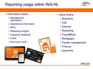 Reporting usage within ING-NL 
•Information needs: 
•Management information 
•Operational information 
•KPI’s 
•Marketing ...