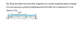 Q6. Draw the shear force and B.M. diagrams for a simply supported beam of length
8 m and carrying a uniformly distributed load of10 kN/m for a distance of 4 m as
shown in Fig.
 