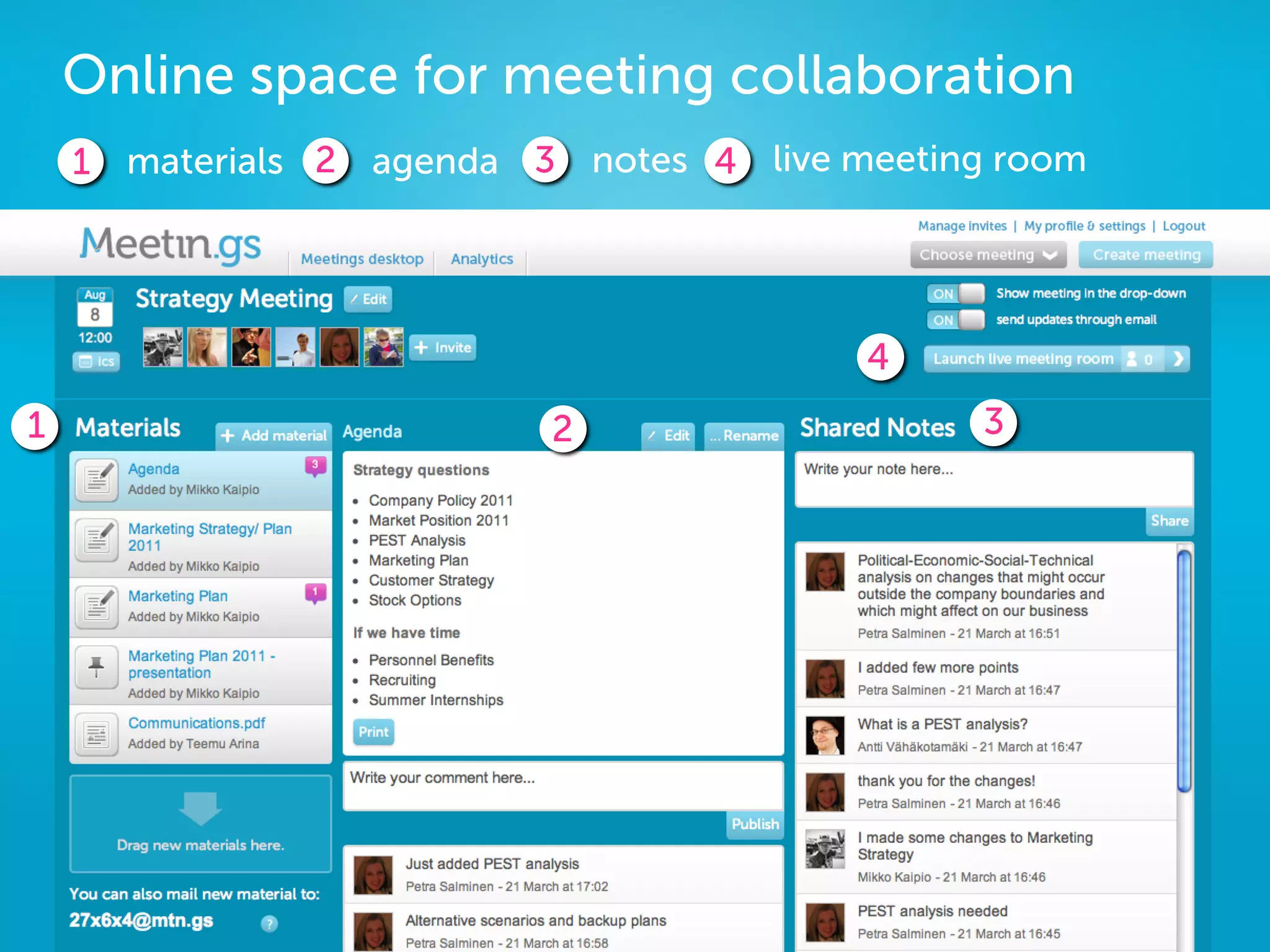 Online space for meeting collaboration
    1 materials 2 agenda 3 notes 4 live meeting room




                                         4
1                         2                    3
 