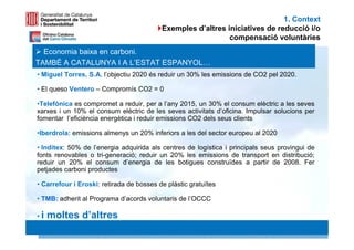 1. Context
                                          Exemples d’altres iniciatives de reducció i/o
                                                             compensació voluntàries
  Economia baixa en carboni.
TAMBÉ A CATALUNYA I A L’ESTAT ESPANYOL…
• Miguel Torres, S.A. l’objectiu 2020 és reduir un 30% les emissions de CO2 pel 2020.

• El queso Ventero – Compromís CO2 = 0

•Telefònica es compromet a reduir, per a l’any 2015, un 30% el consum elèctric a les seves
xarxes i un 10% el consum elèctric de les seves activitats d’oficina. Impulsar solucions per
fomentar l’eficiència energètica i reduir emissions CO2 dels seus clients

•Iberdrola: emissions almenys un 20% inferiors a les del sector europeu al 2020

• Inditex: 50% de l’energia adquirida als centres de logística i principals seus provingui de
fonts renovables o tri-generació; reduir un 20% les emissions de transport en distribució;
reduir un 20% el consum d’energia de les botigues construïdes a partir de 2008. Fer
petjades carboni productes

• Carrefour i Eroski: retirada de bosses de plàstic gratuïtes

• TMB: adherit al Programa d’acords voluntaris de l’OCCC

•i   moltes d’altres
                                                                                        10 10
 