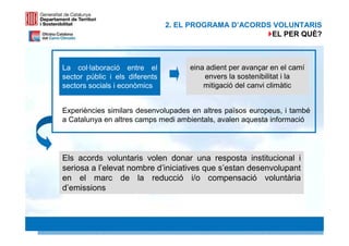 2. EL PROGRAMA D’ACORDS VOLUNTARIS
                                                       EL PER QUÈ?



La col·laboració entre el            eina adient per avançar en el camí
sector públic i els diferents            envers la sostenibilitat i la
sectors socials i econòmics              mitigació del canvi climàtic


Experiències similars desenvolupades en altres països europeus, i també
a Catalunya en altres camps medi ambientals, avalen aquesta informació




Els acords voluntaris volen donar una resposta institucional i
seriosa a l’elevat nombre d’iniciatives que s’estan desenvolupant
en el marc de la reducció i/o compensació voluntària
d’emissions


                                                                   13 13
 
