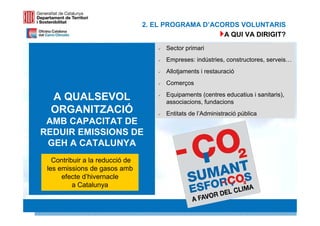 2. EL PROGRAMA D’ACORDS VOLUNTARIS
                                                     A QUI VA DIRIGIT?
                                       Sector primari
                                       Empreses: indústries, constructores, serveis…
                                       Allotjaments i restauració
                                       Comerços
                                       Equipaments (centres educatius i sanitaris),
  A QUALSEVOL                          associacions, fundacions
  ORGANITZACIÓ                         Entitats de l’Administració pública
 AMB CAPACITAT DE
REDUIR EMISSIONS DE
 GEH A CATALUNYA
   Contribuir a la reducció de
 les emissions de gasos amb
      efecte d’hivernacle
          a Catalunya

                                                                             16 16
 