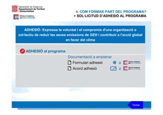 4. COM FORMAR PART DEL PROGRAMA?
                                    SOL·LICITUD D’ADHESIÓ AL PROGRAMA



    ADHESIÓ: Expressa la voluntat i el compromís d'una organització o
col·lectiu de reduir les seves emissions de GEH i contribuir a l'acció global
                              en favor del clima




                                                                         24 24
                                                                      Tornar
 