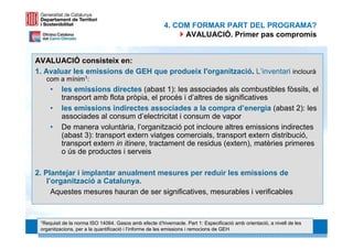 4. COM FORMAR PART DEL PROGRAMA?
                                                            AVALUACIÓ. Primer pas compromís


AVALUACIÓ consisteix en:
1. Avaluar les emissions de GEH que produeix l'organització. L’inventari inclourà
   com a mínim1:
     •       les emissions directes (abast 1): les associades als combustibles fòssils, el
             transport amb flota pròpia, el procés i d’altres de significatives
     •       les emissions indirectes associades a la compra d’energia (abast 2): les
             associades al consum d’electricitat i consum de vapor
     •       De manera voluntària, l’organització pot incloure altres emissions indirectes
             (abast 3): transport extern viatges comercials, transport extern distribució,
             transport extern in itinere, tractament de residus (extern), matèries primeres
             o ús de productes i serveis

2. Plantejar i implantar anualment mesures per reduir les emissions de
    l’organització a Catalunya.
      Aquestes mesures hauran de ser significatives, mesurables i verificables


 1Requisitde la norma ISO 14064. Gasos amb efecte d’hivernacle. Part 1: Especificació amb orientació, a nivell de les 25
                                                                                                                   25
 organitzacions, per a la quantificació i l’informe de les emissions i remocions de GEH
 