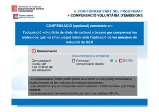 4. COM FORMAR PART DEL PROGRAMA?
                                  COMPENSACIÓ VOLUNTÀRIA D'EMISSIONS


                COMPENSACIÓ (opcional) consisteix en:
l'adquisició voluntària de drets de carboni a tercers per compensar les
emissions que no s'han pogut reduir amb l'aplicació de les mesures de
                            reducció de GEH




     La compensació només podrà portar-se a terme un cop s’hagi comunicat la
    implementació de les mesures de reducció plantejades.
     Les emissions que es compensen seran relatives a l’últim inventari que s’hagi
    realitzat.
     La compensació d’emissions tindrà, per tant, una validesa ANUAL.

                                                                                30 30
 
