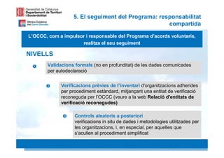 5. El seguiment del Programa: responsabilitat
                                                    compartida

L’OCCC, com a impulsor i responsable del Programa d’acords voluntaris,
                     realitza el seu seguiment

NIVELLS
        Validacions formals (no en profunditat) de les dades comunicades
        per autodeclaració


              Verificacions prèvies de l’inventari d’organitzacions adherides
              per procediment estàndard, mitjançant una entitat de verificació
              reconeguda per l’OCCC (veure a la web Relació d'entitats de
              verificació reconegudes)

                    Controls aleatoris a posteriori
                    verificacions in situ de dades i metodologies utilitzades per
                    les organitzacions, i, en especial, per aquelles que
                    s’acullen al procediment simplificat
                                                                           33 33
 