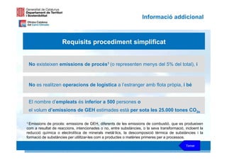 Informació addicional



                     Requisits procediment simplificat


 No existeixen emissions de procés1 (o representen menys del 5% del total), i



 No es realitzen operacions de logística a l’estranger amb flota pròpia, i bé


 El nombre d’empleats és inferior a 500 persones o
 el volum d’emissions de GEH estimades està per sota les 25.000 tones CO2e

1 Emissions de procés: emissions de GEH, diferents de les emissions de combustió, que es produeixen
com a resultat de reaccions, intencionades o no, entre substàncies, o la seva transformació, incloent la
reducció química o electrolítica de minerals metàl·lics, la descomposició tèrmica de substàncies i la
formació de substàncies per utilitzar-les com a productes o matèries primeres per a processos.
                                                                                                36 36
                                                                                             Tornar
 