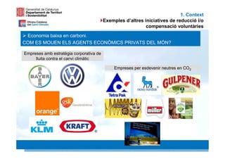 1. Context
                                         Exemples d’altres iniciatives de reducció i/o
                                                            compensació voluntàries
 Economia baixa en carboni.
COM ES MOUEN ELS AGENTS ECONÒMICS PRIVATS DEL MÓN?

Empreses amb estratègia corporativa de
     lluita contra el canvi climàtic

                                              Empreses per esdevenir neutres en CO2




                                                                                  9 9
 