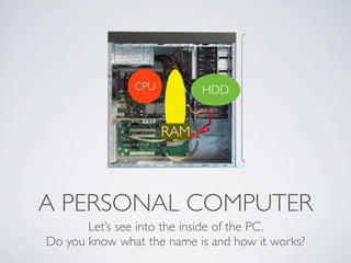 CPU         HDD


                     RAM




A PERSONAL COMPUTER
       Let’s see into the inside of the PC.
Do you know what the name is and how it works?
 