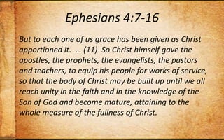 Ephesians 4:7-16But to each one of us grace has been given as Christ apportioned it.  … (11)  So Christ himself gave the apostles, the prophets, the evangelists, the pastors and teachers, to equip his people for works of service, so that the body of Christ may be built up until we all reach unity in the faith and in the knowledge of the Son of God and become mature, attaining to the whole measure of the fullness of Christ.