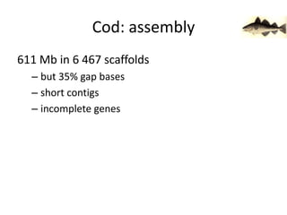 Cod: assembly611 Mb in 6 467 scaffoldsbut 35% gap basesshort contigsincomplete genes