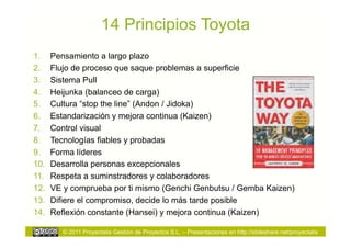 14 Principios Toyota
1.     Pensamiento a largo plazo
2.     Flujo de proceso que saque problemas a superficie
3.     Sistema Pull
4.     Heijunka (balanceo de carga)
5.     Cultura “stop the line” (Andon / Jidoka)
6.     Estandarización y mejora continua (Kaizen)
7.     Control visual
8.     Tecnologías fiables y probadas
9.     Forma líderes
10.    Desarrolla personas excepcionales
11.    Respeta a suminstradores y colaboradores
12.    VE y comprueba por ti mismo (Genchi Genbutsu / Gemba Kaizen)
13.    Difiere el compromiso, decide lo más tarde posible
14.    Reflexión constante (Hansei) y mejora continua (Kaizen)

          © 2011 Proyectalis Gestión de Proyectos S.L. – Presentaciones en http://slideshare.net/proyectalis
 
