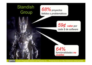 Standish
                                    68% proyectos
  Group                             fallidos o problemáticos




                                                            59¢ valor por
                                                            cada $ de software




                                                         64%
                                                         funcionalidades no
                                                         usadas

© 2011 Proyectalis Gestión de Proyectos S.L. – Presentaciones en http://slideshare.net/proyectalis
 