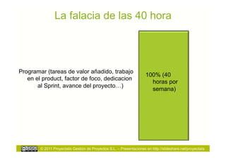 La falacia de las 40 hora




Programar (tareas de valor añadido, trabajo
                                                                      100% (40
   en el product, factor de foco, dedicacion
                                                                        horas por
       al Sprint, avance del proyecto…)
                                                                        semana)




        © 2011 Proyectalis Gestión de Proyectos S.L. – Presentaciones en http://slideshare.net/proyectalis
 