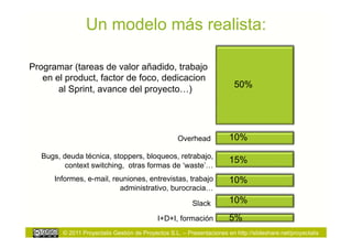 Un modelo más realista:

Programar (tareas de valor añadido, trabajo
   en el product, factor de foco, dedicacion
                                                                          50%
       al Sprint, avance del proyecto…)




                                                    Overhead            10%

   Bugs, deuda técnica, stoppers, bloqueos, retrabajo,
                                                                        15%
          context switching, otras formas de ‘waste’…
      Informes, e-mail, reuniones, entrevistas, trabajo                 10%
                          administrativo, burocracia…

                                                          Slack         10%
                                             I+D+I, formación           5%
         © 2011 Proyectalis Gestión de Proyectos S.L. – Presentaciones en http://slideshare.net/proyectalis
 