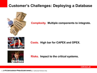 Customer’s Challenges: Deploying a Database



                                                        Complexity. Multiple components to integrate.




                                                       Costs. High bar for CAPEX and OPEX.




                                                       Risks. Impact to the critical systems.




© 2011 Oracle Corporation affiliates. All rights Confidential: Authorized Partners Only
   © 2011 Oracle and/or its – Proprietary and reserved.
 