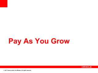 Pay As You Grow


© 2011 Oracle and/or its affiliates. All rights reserved.
 