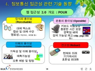 4.  정보통신 접근성 관련 기술 동향  -  웹 대체 텍스트 캡션 및 대체 수단 명료성 ( 색상대비 ,  배경음 등 ) 인식의 용이성 (Perceivable) 웹 접근성  2.0  개요  : POUR  가독성 및 이해 용이성 예측가능성 오류 예방 및 정정 이해의 용이성 (Understandable) 키보드 이용보장 충분한 시간 보장 깜빡임 배제 검색 가능성 제고 (skip, page title  등 ) 운용의 용이성 (Operable) 현재와 미래  기기에서의  호환성 최대화 견고성 (Robust) 