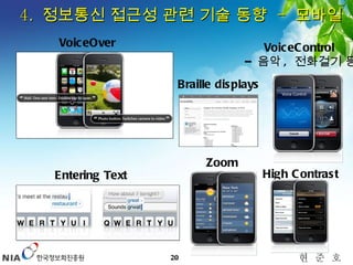 4.  정보통신 접근성 관련 기술 동향  -  모바일 VoiceOver Entering Text VoiceControl  –  음악 ,  전화걸기 등 Zoom High Contrast Braille displays 