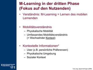 M-Learning in der dritten Phase(Fokus auf den Nutzenden)Verständnis: M-Learning = Lernen des mobilen LernendenMobilitätsverständnisPhysikalische MobilitätUmfassendes Mobilitätsverständnis(= Wechselnder Kontext)Kontextelle Informationen*User (z.B. persönliche Präferenzen)Physikalische UmgebungSozialer Kontext* De Jong, Specht & Koper(2008)