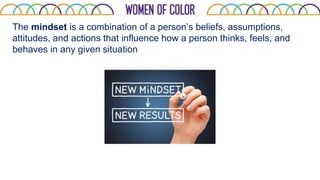 The mindset is a combination of a person’s beliefs, assumptions,
attitudes, and actions that influence how a person thinks, feels, and
behaves in any given situation
 