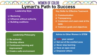 Leadership Style
 Mentoring
 Influence without authority
 Building coalitions
Leadership Philosophy
 Be authentic
 Develop others
 Continuous learning and
improvement
 Create a safe environment
Key Skills for Effective Teamwork
 Communication
 Transparency
 Customers and users seat at the
table
 Common goals and objectives
Advice to Other Women in STEM
 OWN your career!
 Get out of the comfort zone
 Never stop learning
 Have an open mind
 Empower others
Lymari’s Path to Success
 