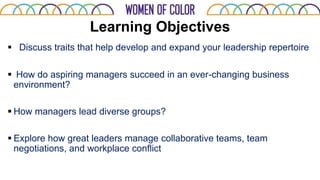 Learning Objectives
 Discuss traits that help develop and expand your leadership repertoire
 How do aspiring managers succeed in an ever-changing business
environment?
 How managers lead diverse groups?
 Explore how great leaders manage collaborative teams, team
negotiations, and workplace conflict
 