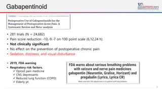 21
Gabapentinoid
• 281 trials (N = 24,682)
• Pain score reduction -10,-9.-7 on 100 point scale (6,12,24 h)
• Not clinically significant
• No effect on the prevention of postoperative chronic pain
• Sedation, dizziness, and visual disturbance
• 2019, FDA warning
• Respiratory risk factors.
 Opioid pain medicine
 CNS depressants
 Reduced lung function (COPD)
 Elderly pt.
 