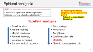 38
Epidural analgesia
• Bowel function
• Patient mobility
• Mental condition
• Patient’s recovery
• Intestinal perfusion
• Gastrointestinal recovery
• Ileus, leakage
• Pneumonia
• Arrhythmias
• Cardiovascular risks
• Mortality
• Chronic postoperative pain
Excellent analgesia
It’s not the epidural that’s
dangerous, but the person who
gives it
• Rule out contraindication
• Monitoring
 