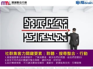 社群集客力關鍵要素：聆聽、搜尋整合、行動
1.掌握議題優化的循環創作：了解消費者，解決他們的問題，給他們想要的!
2.設定不同內容的關鍵字整合策略，讓好內容，好好找!
3.設計轉換策略，不只讓消費者信賴你、喜歡你，更要能夠支持、引導銷售
MMdc Confidential! 本內容包含MMdc之機密資訊，請您恪守保密義務，禁止任何形式的傳播、複製或傳閱予第三者。

64

 