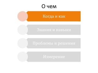О чем
Когда и как
Знания и навыки
Проблемы и решения

Измерение

 