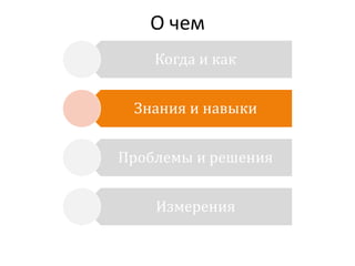 О чем
Когда и как
Знания и навыки
Проблемы и решения

Измерения

 