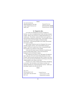Analysis
Type: light manufacturing

Marketing approach: mail order

Financial Overview:

Unique Appeal: Peruvian wool

Initial Investment: $50,000

Skills: none

Potential Income: $200,000

10. Mopeds for Hire
At 19, Peter was attending the University of Virginia as a
freshman. In a class on entrepreneurship, he had to develop a business
on paper. What he came up with was a moped rental business for U. S.
vacation spots. The professor, impressed with his work, urged him to
start the business during the coming summer. Peter decided to set up at
a favorite vacation spot of his family's in Nantucket Island,
Massachusetts. After grossing $50,000 in four months, Peter decided
not to return to college.
After renting a small dirt corner lot in Nantucket, Peter set up a
card table, bought a cash box, and invested $5,000 in buying 15
mopeds. The first two weeks he was so busy, he borrowed $10,000
from his father so he could buy 25 more mopeds.
At the end of the tourist season in Nantucket, he packed up and
moved to Sanibel Island, Florida. This has since become his
headquarters for his Fun Rentals Company.
His company has now grown to over 500 mopeds, 40 employees,
and 11 other sites. He has also started selling franchises for around
$35,000. With his business grossing more than $1 million a year, Peter
has set a lofty goal of having 100 franchises and 100 pieces of the most
valuable property in the country's resort areas.
For Peter it was a matter of taking classroom theory and applying
it in the field. This, the initiative to test a theory or an idea, is an
important ingredient any young businessperson can have. Gather your
knowledge, weigh the costs, then take the risk.
Analysis
Type: service
Marketing approach: retail

Financial Overview:

Unique Appeal: ready-made market

Initial Investment: $15,000

Skills: none

Potential Income: unlimited

19

 